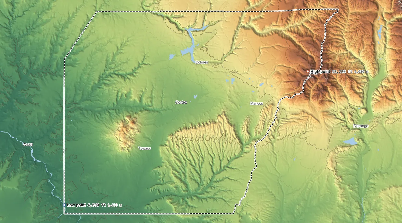 Topographic elevation map of Montezuma County, Colorado, shaded from 4,600 ft on the southwest side to 13,220 ft on Hesperus Mountain