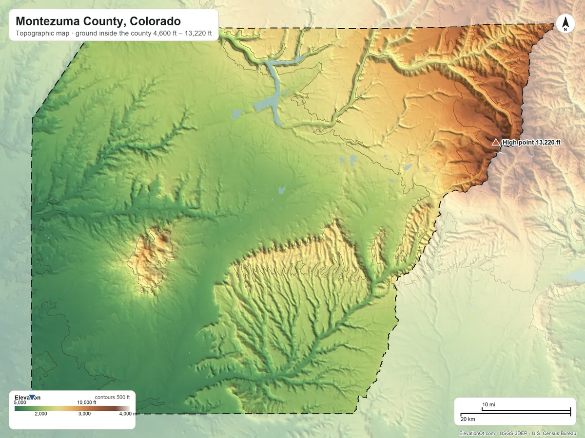 Topographic elevation map of Montezuma County, Colorado, shaded from 4,600 ft on the southwest side to 13,220 ft on Hesperus Mountain
