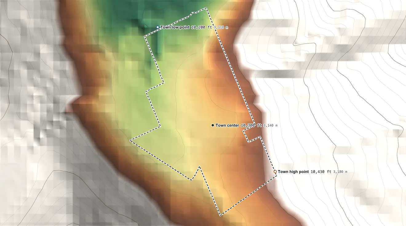 Topographic elevation map of Montezuma, Colorado, shaded from 10,200 ft on the northwest side to 10,430 ft at the foot of the Front Range