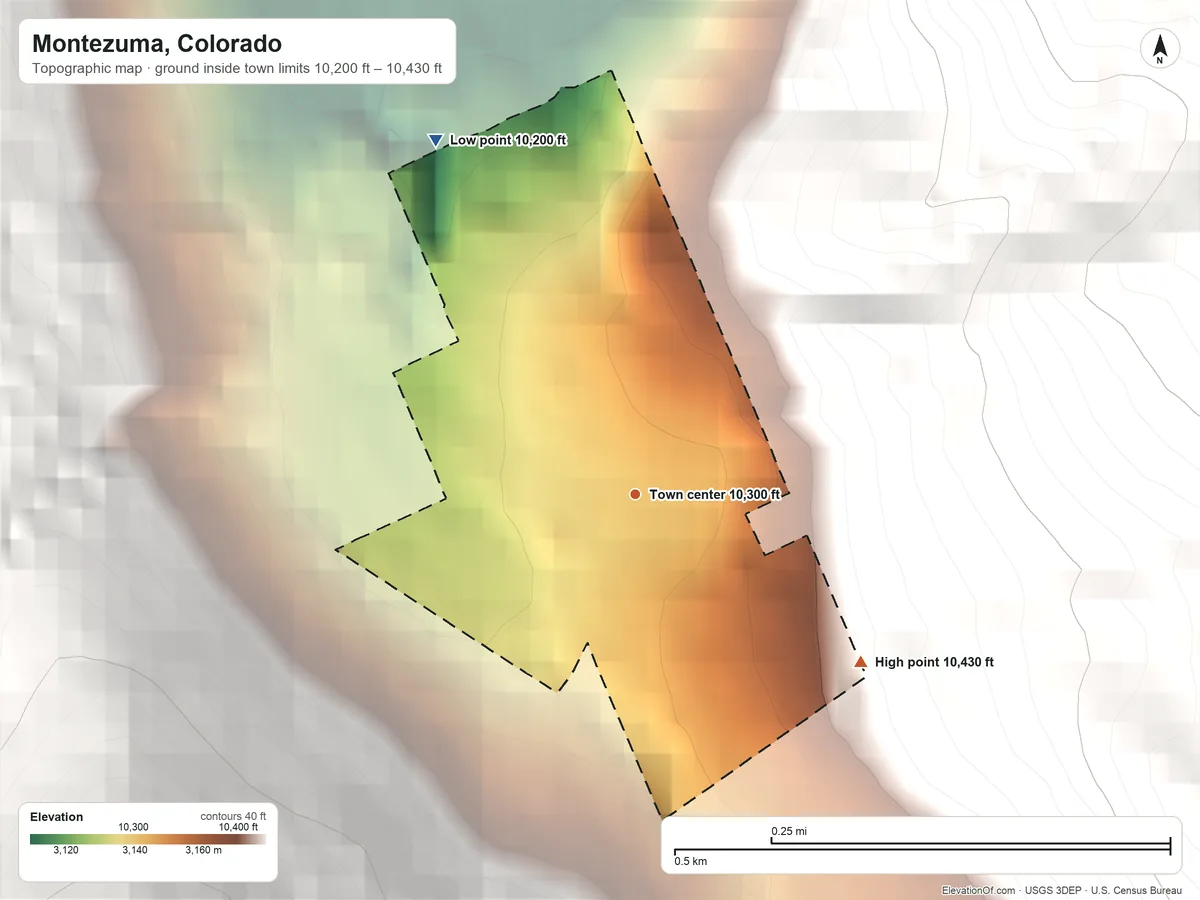 Topographic elevation map of Montezuma, Colorado, shaded from 10,200 ft on the northwest side to 10,430 ft at the foot of the Front Range