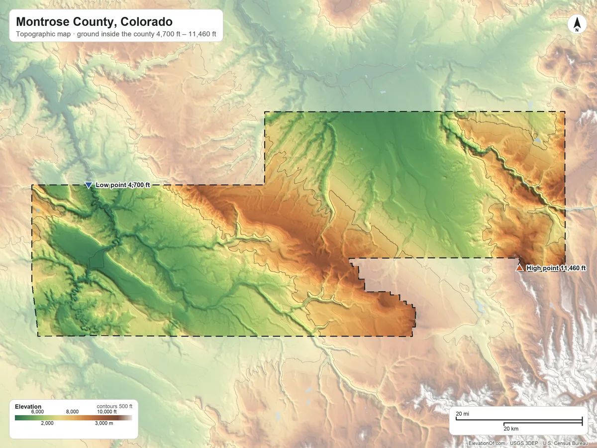Topographic elevation map of Montrose County, Colorado, shaded from 4,700 ft on the west side to 11,460 ft on the east side