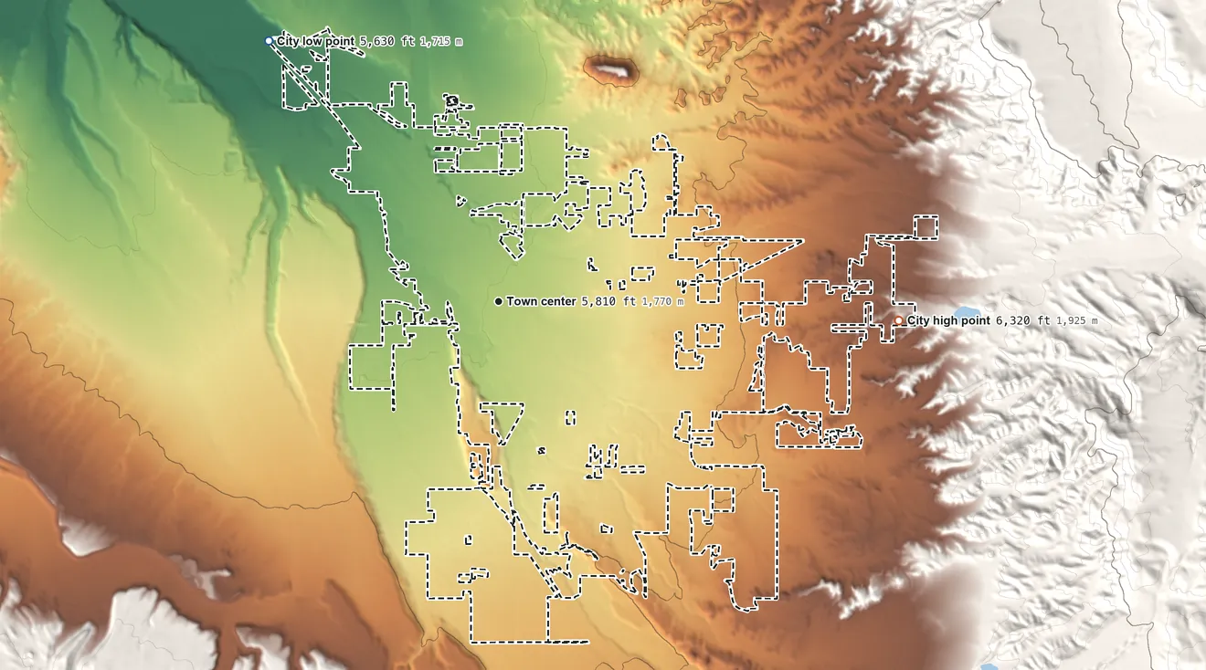 Topographic elevation map of Montrose, Colorado, shaded from 5,630 ft on the northwest side to 6,320 ft on the east edge, below higher ground just outside