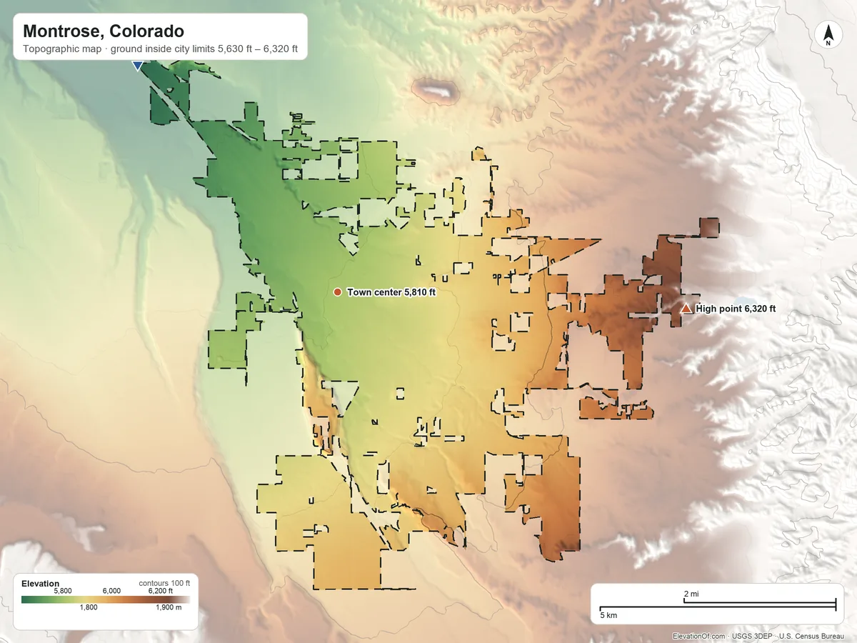 Topographic elevation map of Montrose, Colorado, shaded from 5,630 ft on the northwest side to 6,320 ft on the east edge, below higher ground just outside