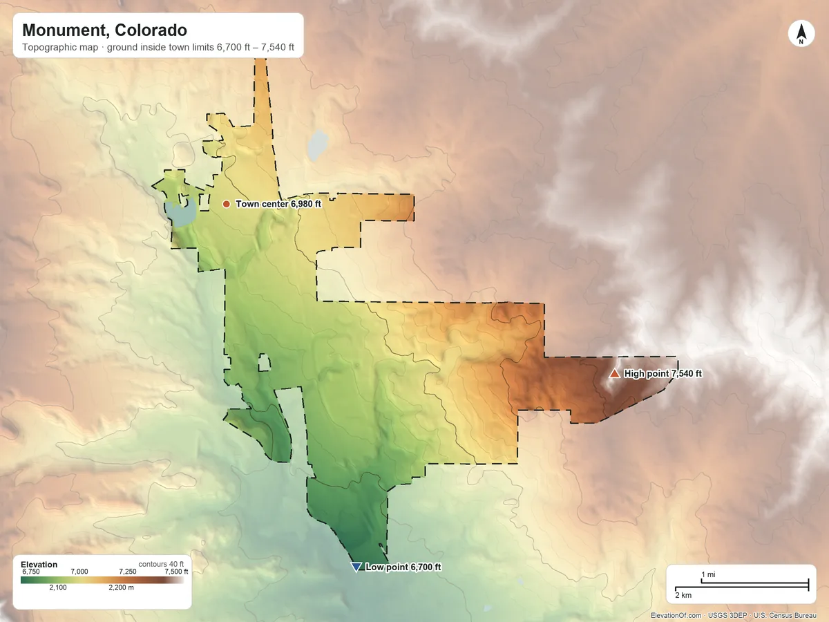 Topographic elevation map of Monument, Colorado, shaded from 6,700 ft on the south side to 7,540 ft on the southeast side