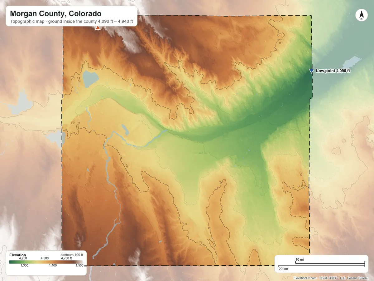 Topographic elevation map of Morgan County, Colorado, shaded from 4,090 ft on the northeast side to 4,940 ft on the northwest side