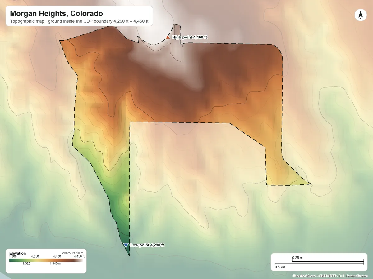 Topographic elevation map of Morgan Heights, Colorado, shaded from 4,290 ft on the south side to 4,460 ft on the north side
