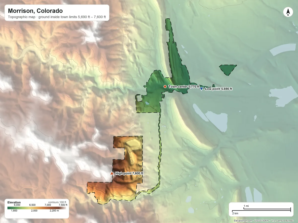Topographic elevation map of Morrison, Colorado, shaded from 5,690 ft on the east side to 7,600 ft on the southwest side