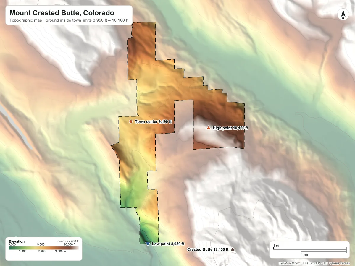 Topographic elevation map of Mount Crested Butte, Colorado, shaded from 8,950 ft on the south side to 10,160 ft at the foot of the Ruby Range