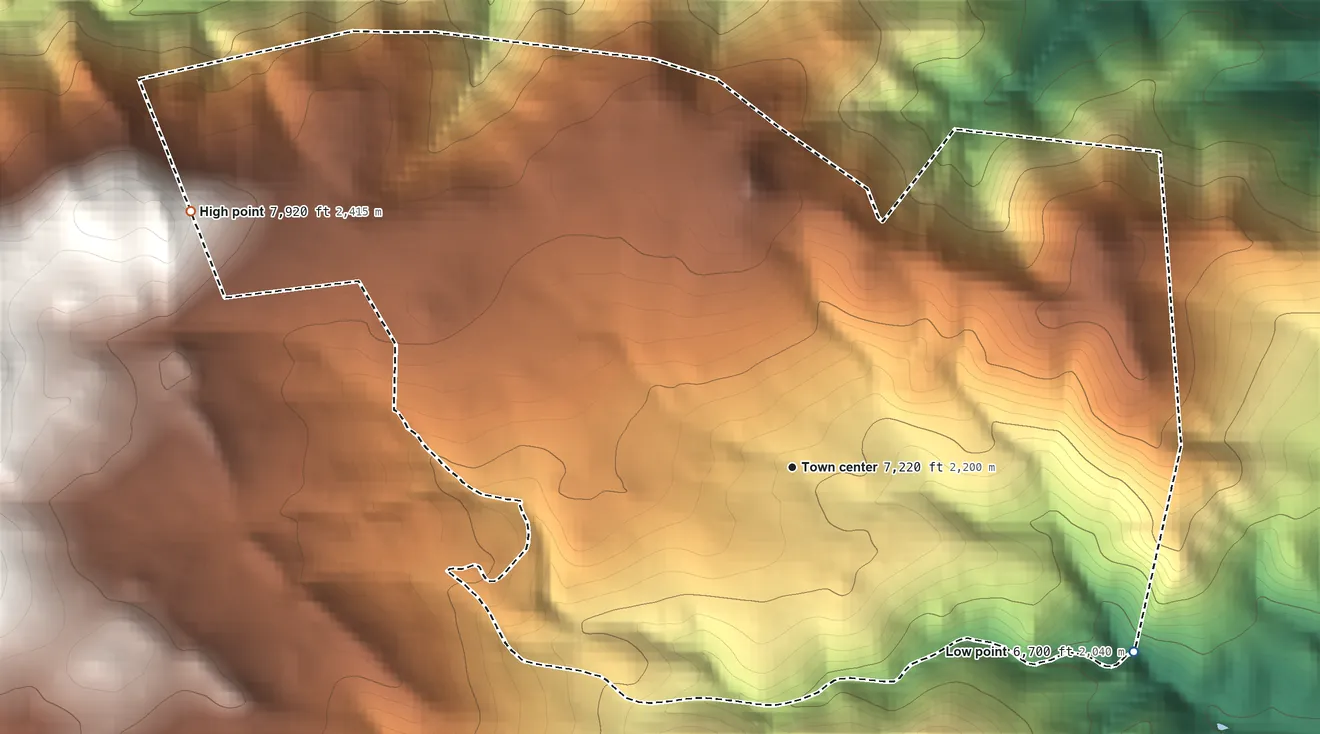 Topographic elevation map of Mountain Meadows, Colorado, shaded from 6,700 ft on the southeast side to 7,920 ft at the foot of the Indian Peaks