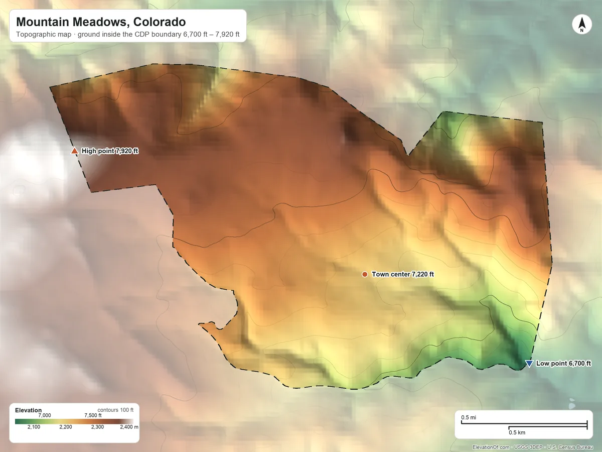 Topographic elevation map of Mountain Meadows, Colorado, shaded from 6,700 ft on the southeast side to 7,920 ft at the foot of the Indian Peaks