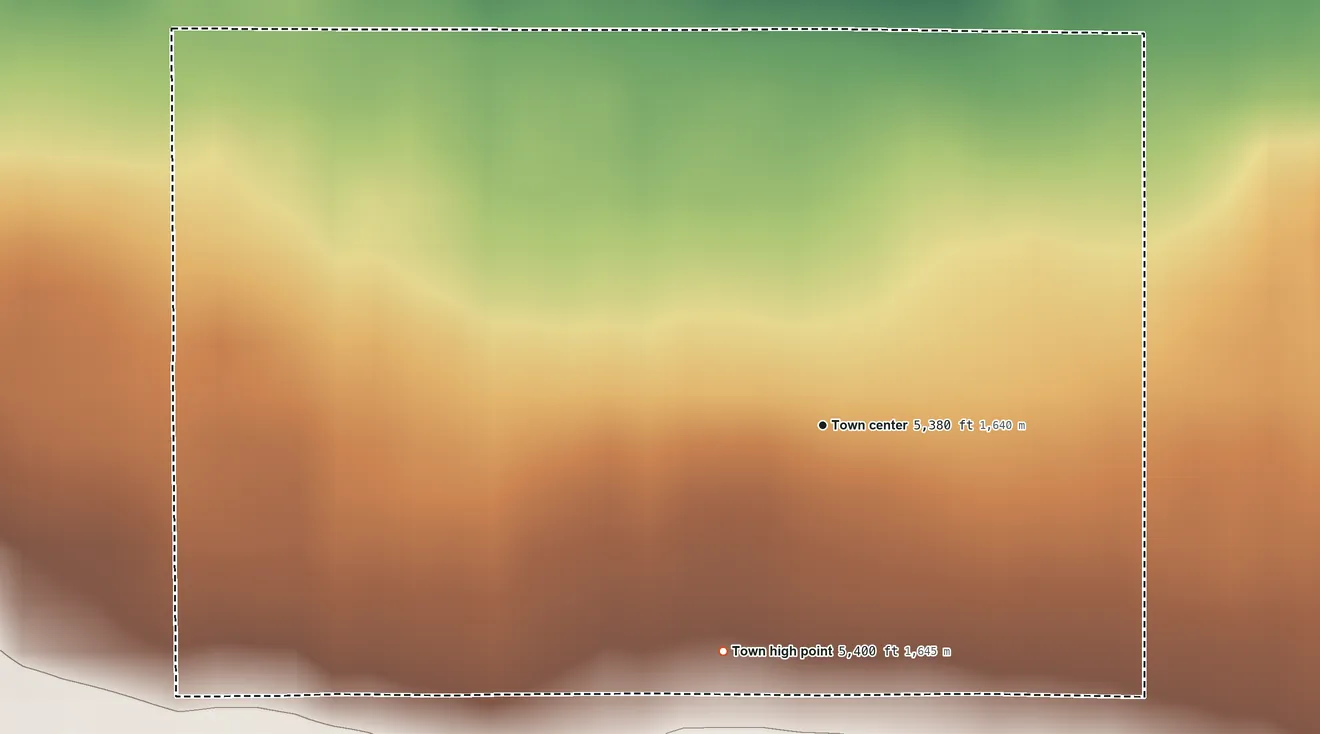 Topographic elevation map of Mountain View, Colorado, shaded from 5,370 ft on the north side to 5,400 ft on the southwest side