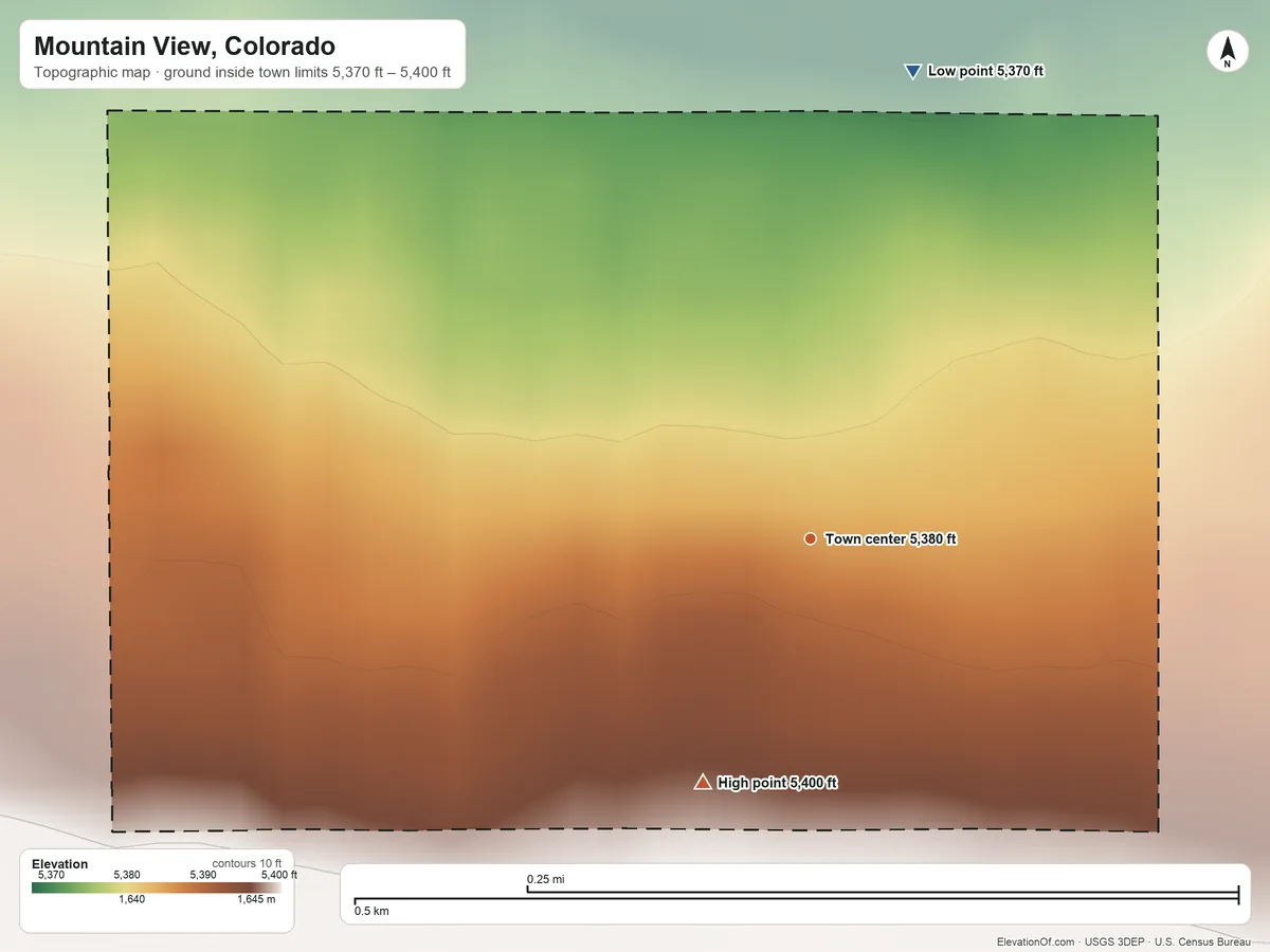 Topographic elevation map of Mountain View, Colorado, shaded from 5,370 ft on the north side to 5,400 ft on the southwest side