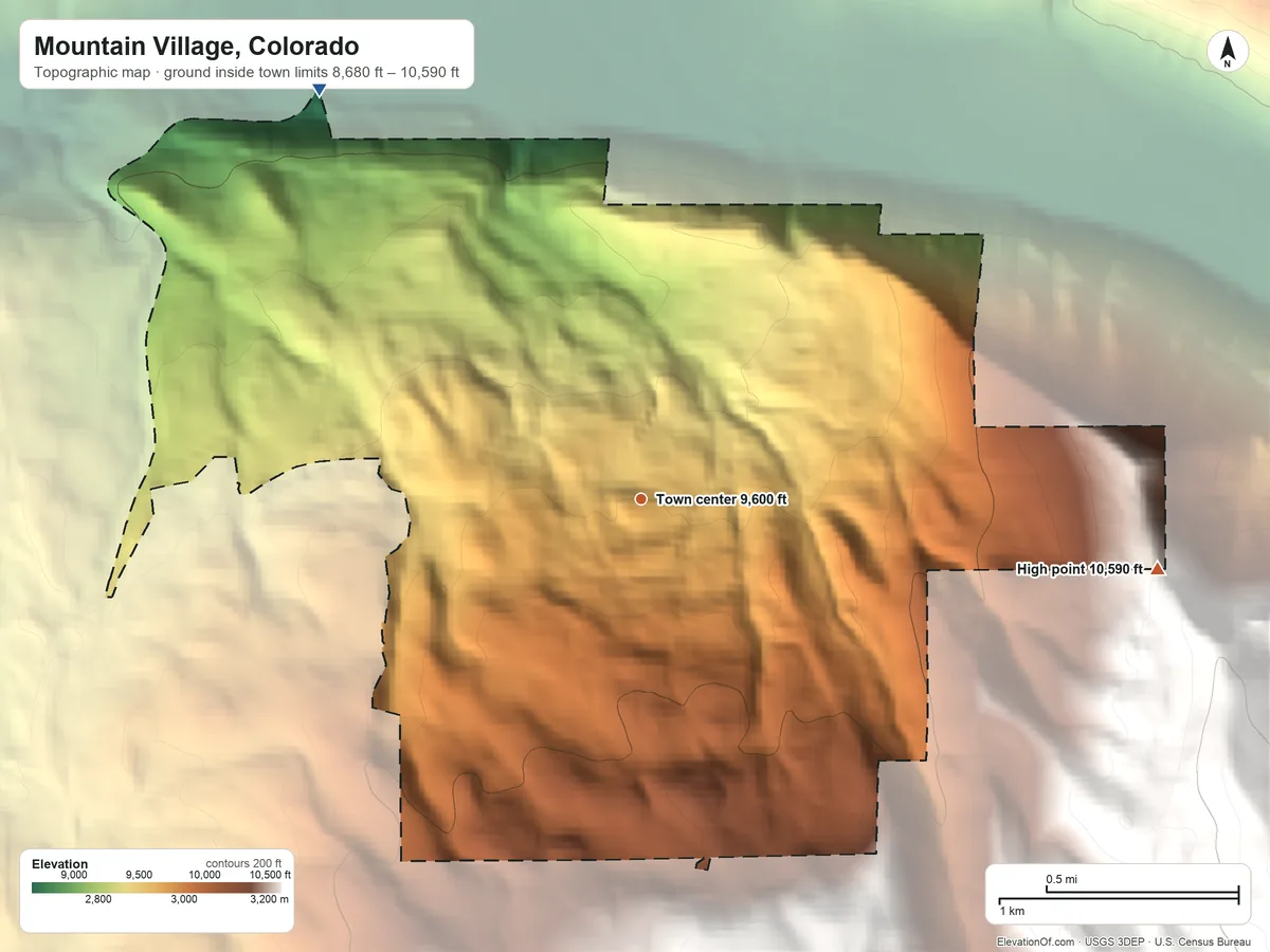 Topographic elevation map of Mountain Village, Colorado, shaded from 8,680 ft on the northwest side to 10,590 ft at the foot of the San Miguel Mountains
