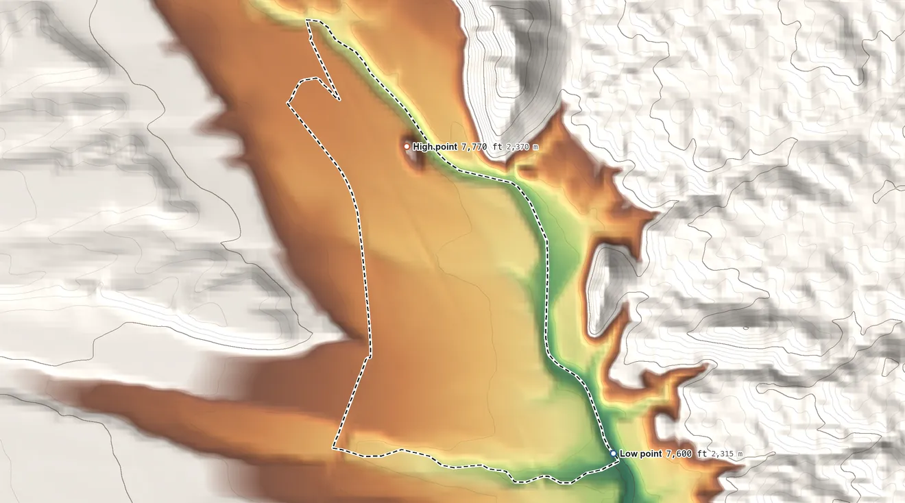 Topographic elevation map of Nathrop, Colorado, shaded from 7,600 ft on the southeast side to 7,770 ft on the north edge, below higher ground just outside