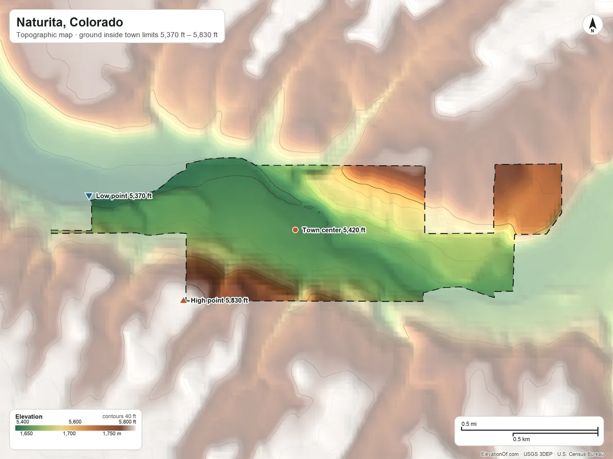 Topographic elevation map of Naturita, Colorado, shaded from 5,370 ft on the west side to 5,830 ft on the southwest side