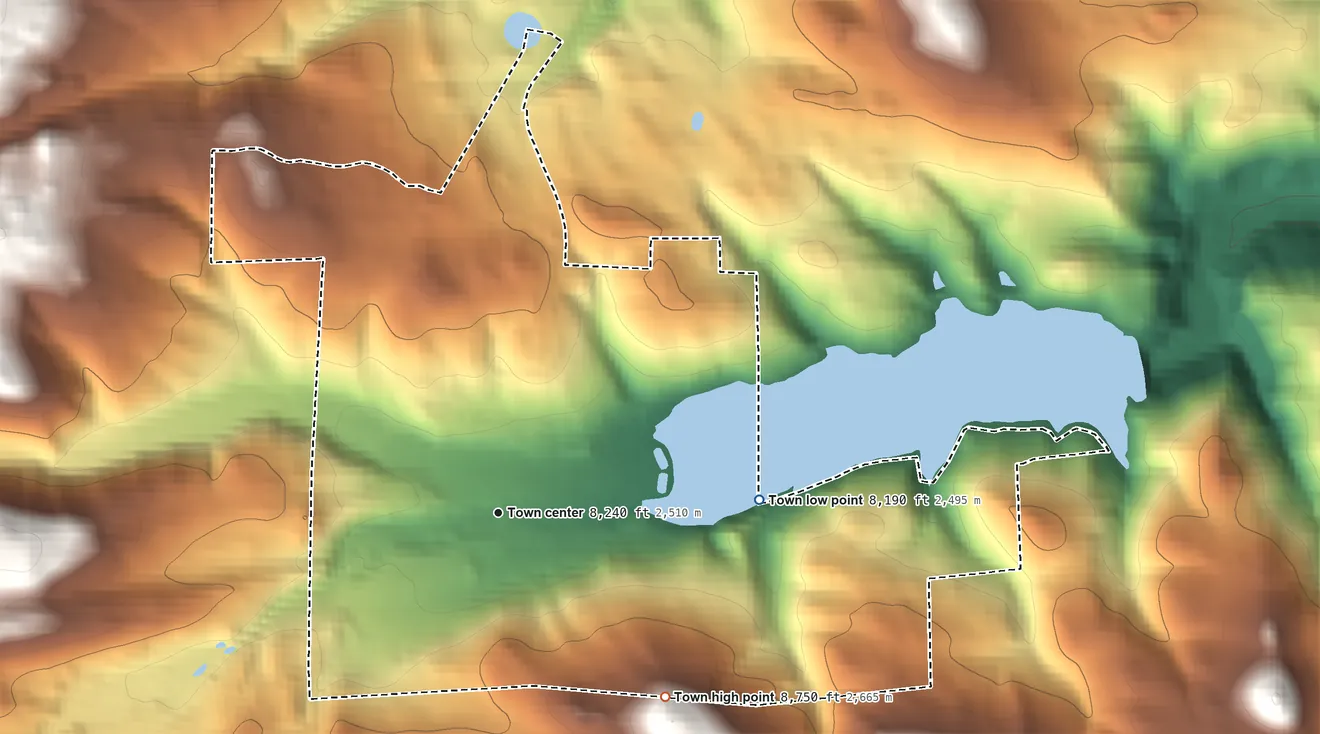 Topographic elevation map of Nederland, Colorado, shaded from 8,190 ft on the east side to 8,750 ft on the southeast side