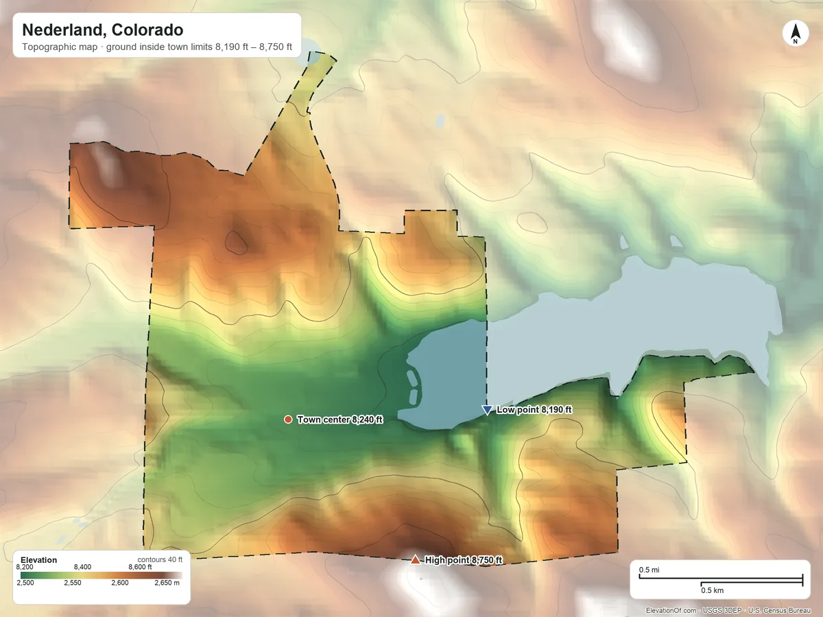 Topographic elevation map of Nederland, Colorado, shaded from 8,190 ft on the east side to 8,750 ft on the southeast side