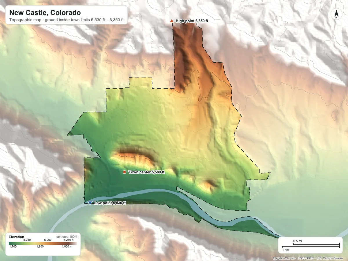 Topographic elevation map of New Castle, Colorado, shaded from 5,530 ft on the southwest side to 6,350 ft on the north edge, below higher ground just outside