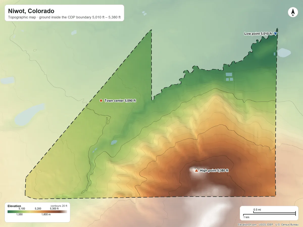 Topographic elevation map of Niwot, Colorado, shaded from 5,010 ft on the east side to 5,380 ft on the southeast side