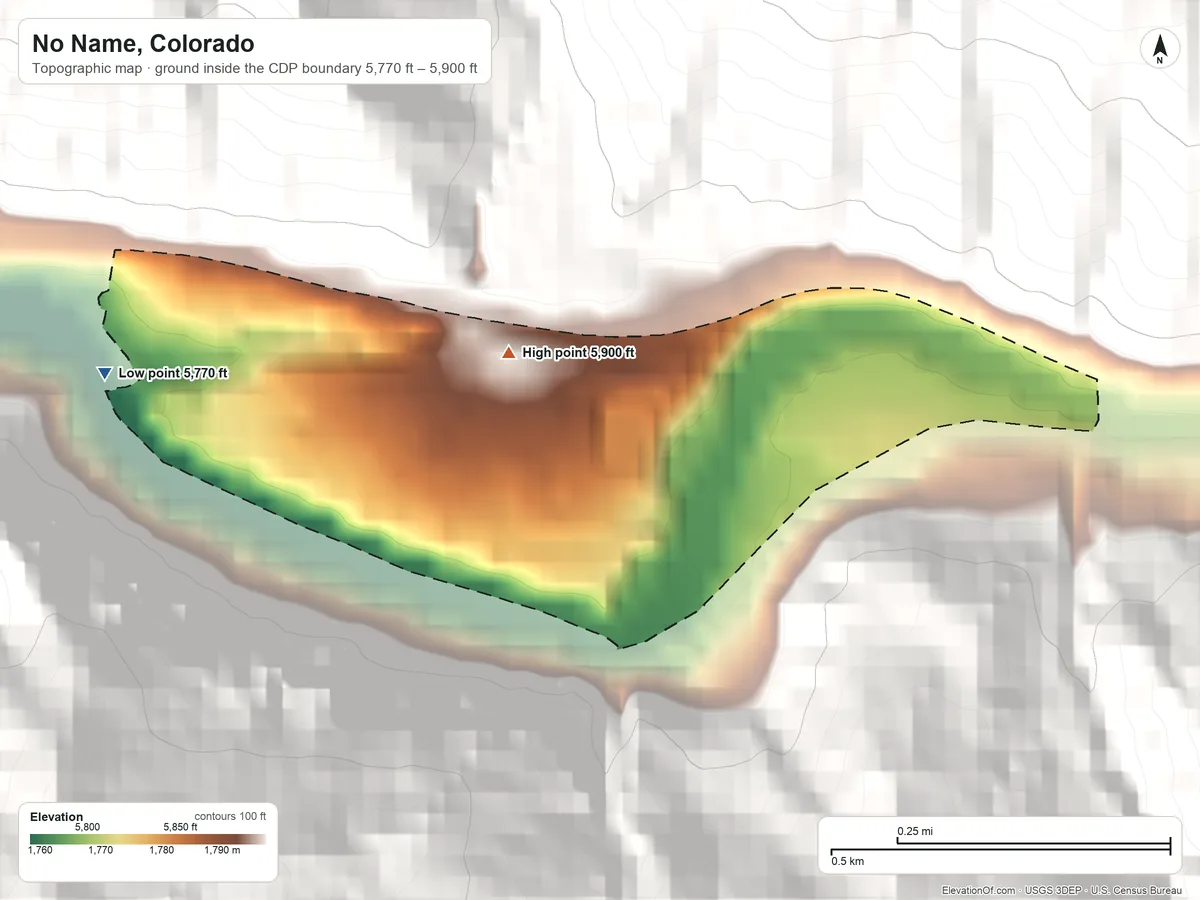 Topographic elevation map of No Name, Colorado, shaded from 5,770 ft on the west side to 5,900 ft on the north edge, below higher ground just outside