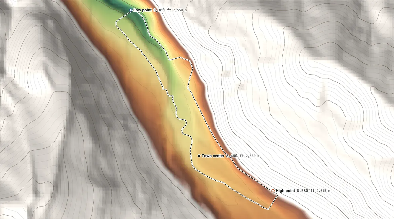 Topographic elevation map of Norrie, Colorado, shaded from 8,360 ft on the northwest side to 8,580 ft at the foot of the Williams Mountains