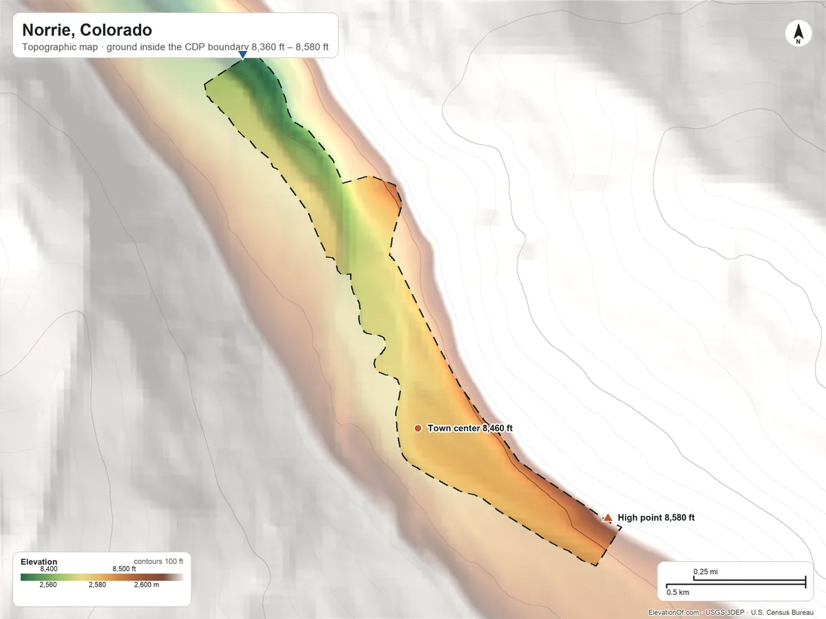 Topographic elevation map of Norrie, Colorado, shaded from 8,360 ft on the northwest side to 8,580 ft at the foot of the Williams Mountains