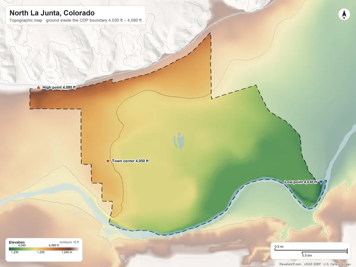 Topographic elevation map of North La Junta, Colorado, shaded from 4,030 ft on the east side to 4,080 ft on the northwest side