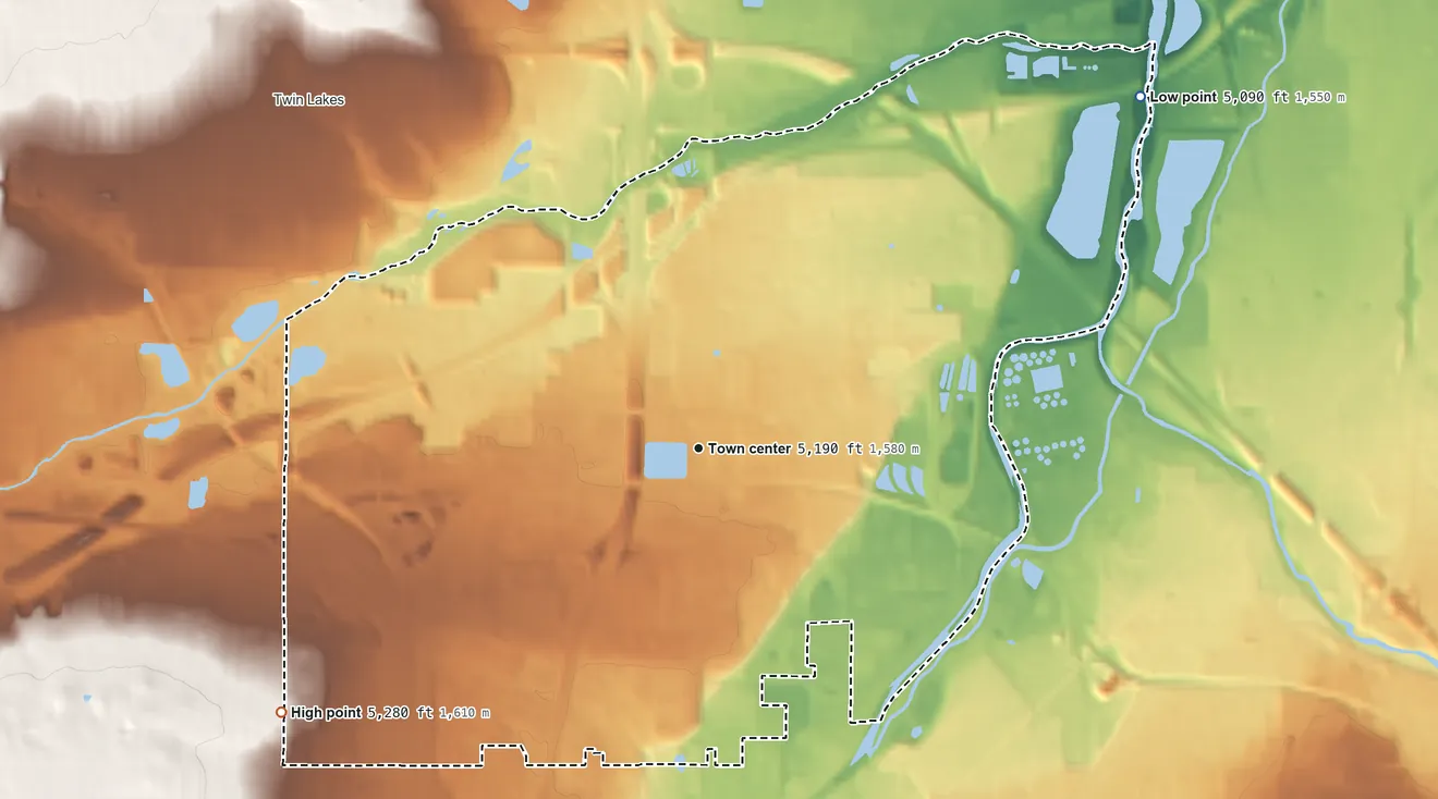 Topographic elevation map of North Washington, Colorado, shaded from 5,090 ft on the northeast side to 5,280 ft on the southwest side