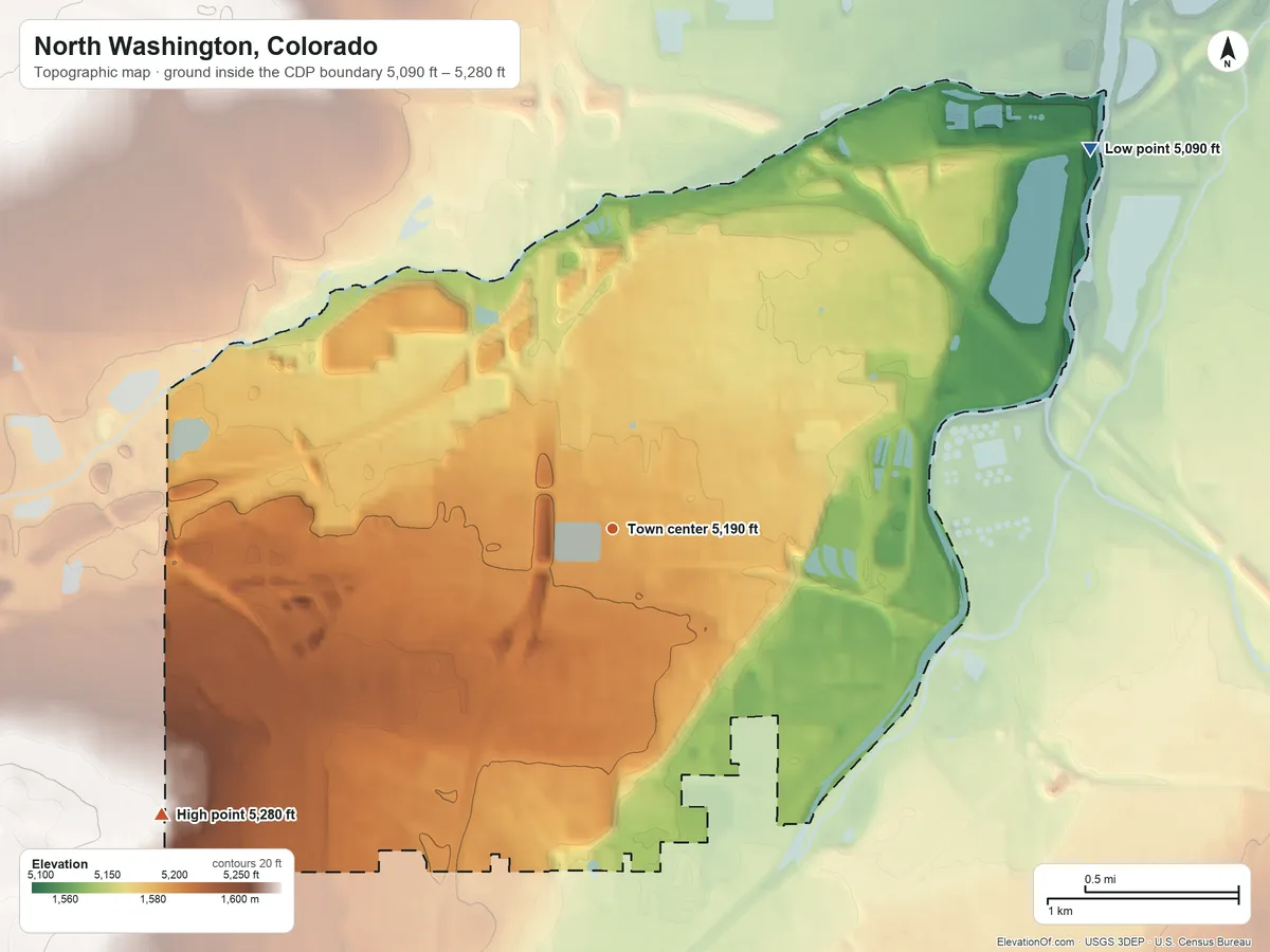 Topographic elevation map of North Washington, Colorado, shaded from 5,090 ft on the northeast side to 5,280 ft on the southwest side