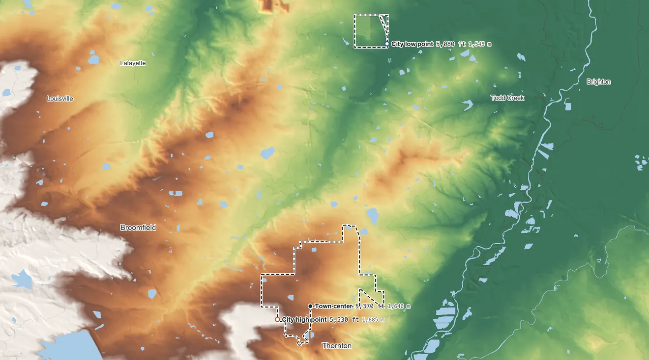 Topographic elevation map of Northglenn, Colorado, shaded from 5,080 ft on the north side to 5,530 ft on the west side