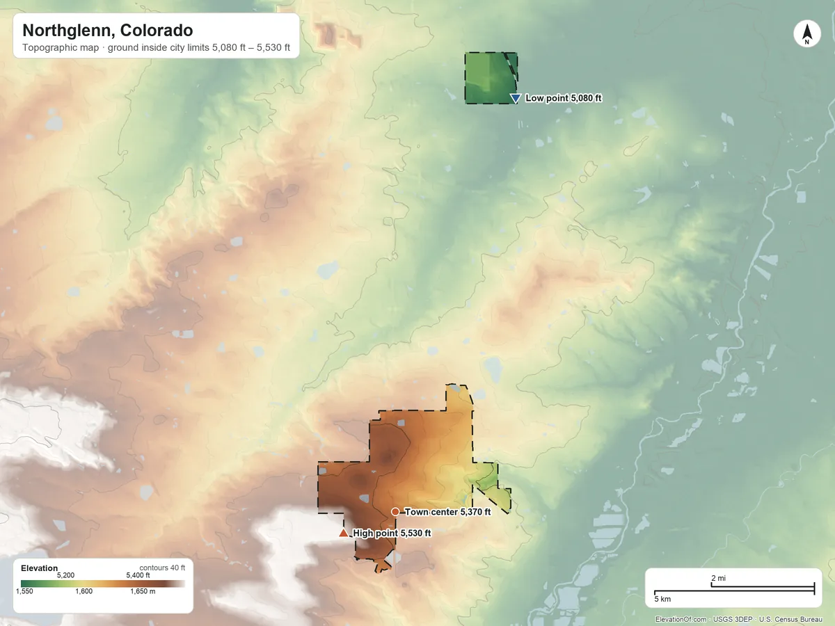 Topographic elevation map of Northglenn, Colorado, shaded from 5,080 ft on the north side to 5,530 ft on the west side
