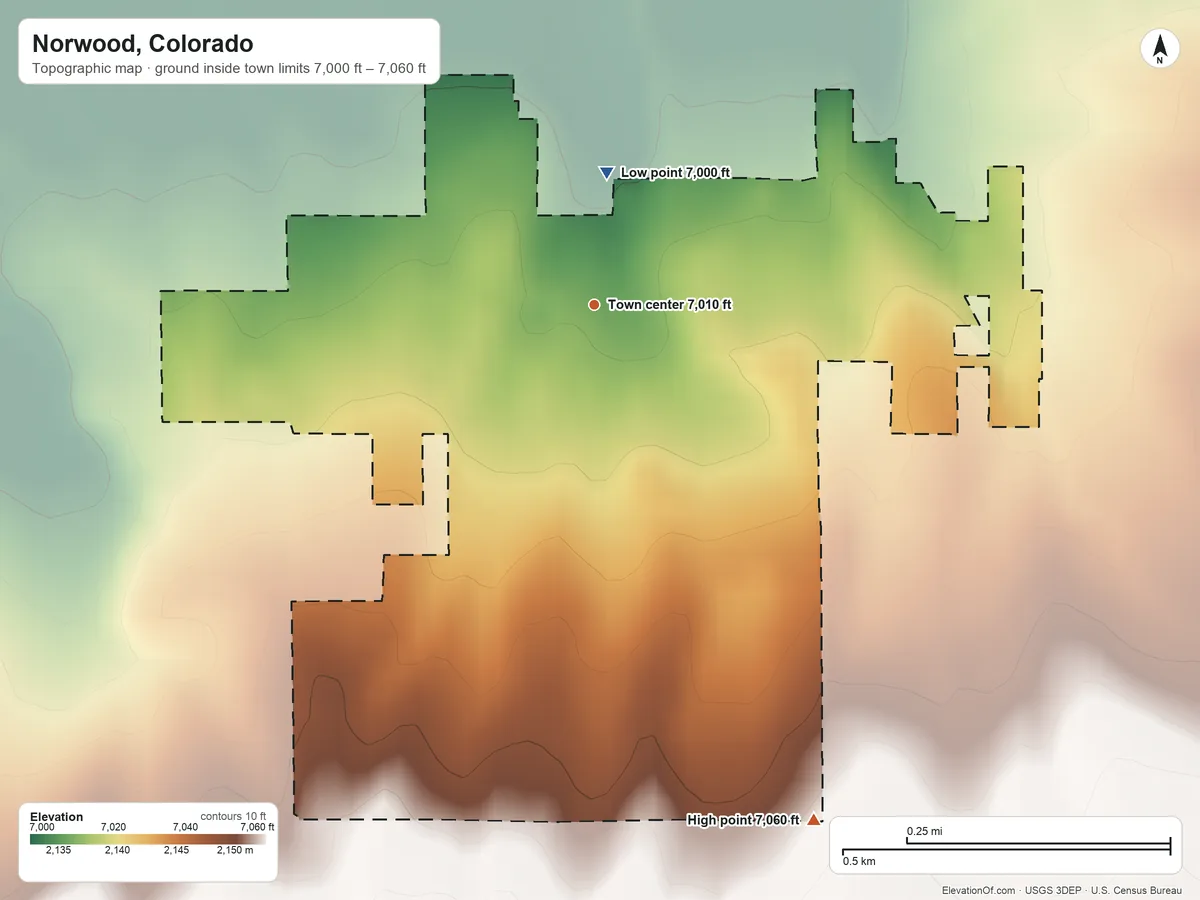 Topographic elevation map of Norwood, Colorado, shaded from 7,000 ft on the north side to 7,060 ft on the southeast edge, below higher ground just outside