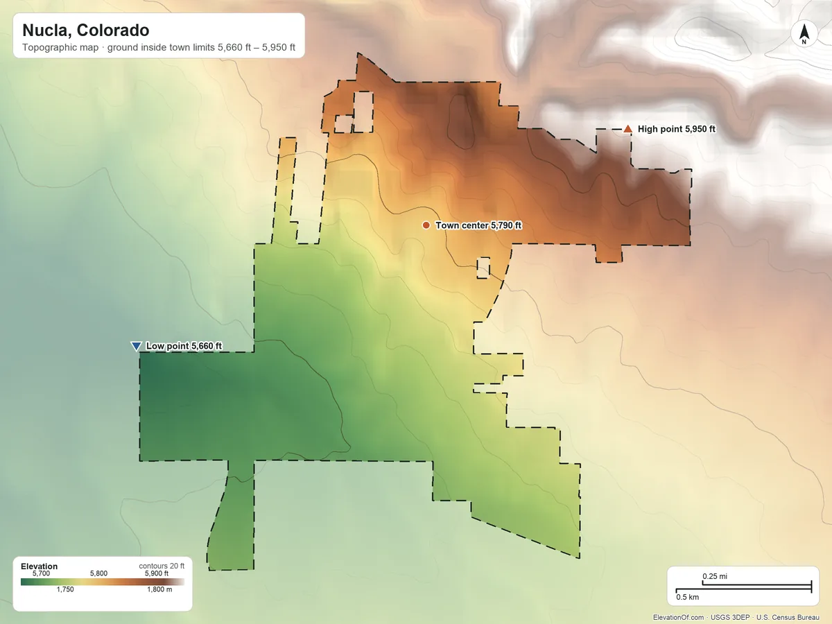 Topographic elevation map of Nucla, Colorado, shaded from 5,660 ft on the southwest side to 5,950 ft on the northeast edge, below higher ground just outside