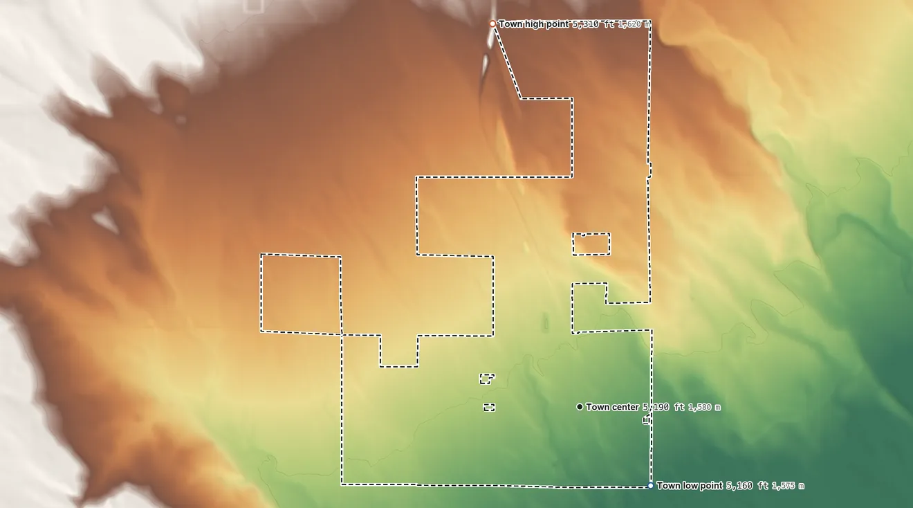 Topographic elevation map of Nunn, Colorado, shaded from 5,160 ft on the southeast side to 5,310 ft on the north side