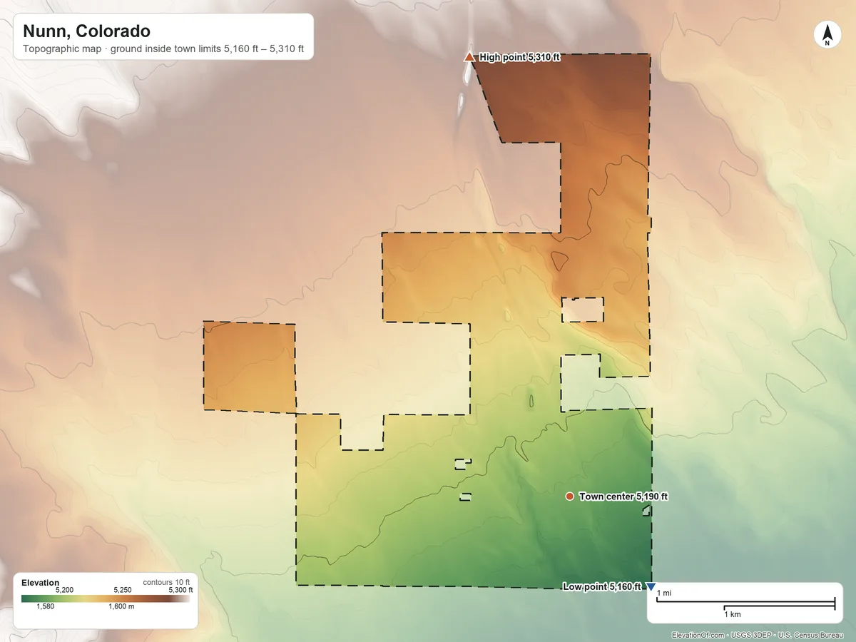 Topographic elevation map of Nunn, Colorado, shaded from 5,160 ft on the southeast side to 5,310 ft on the north side