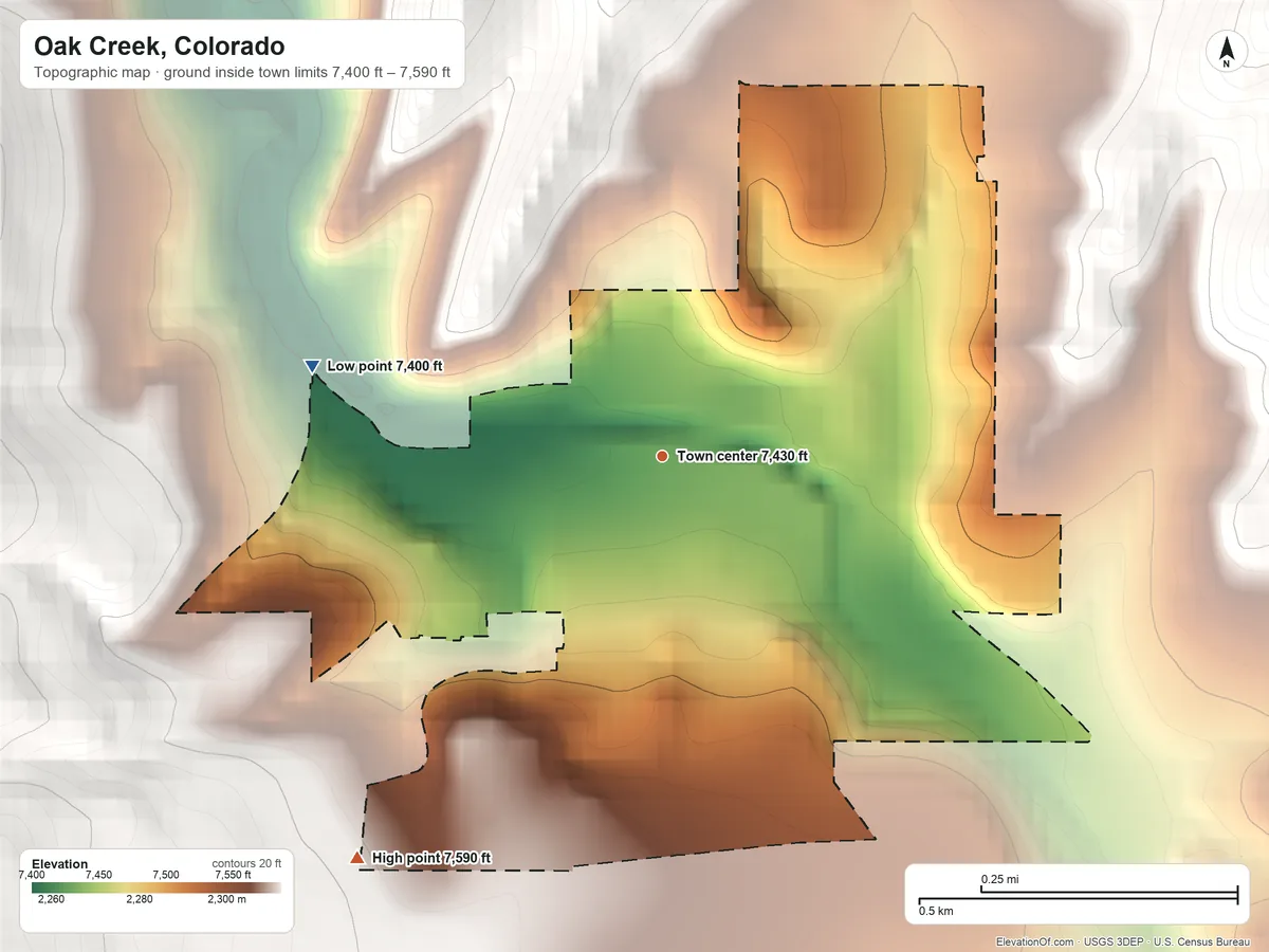 Topographic elevation map of Oak Creek, Colorado, shaded from 7,400 ft on the west side to 7,590 ft at the foot of the Williams Fork Mountains
