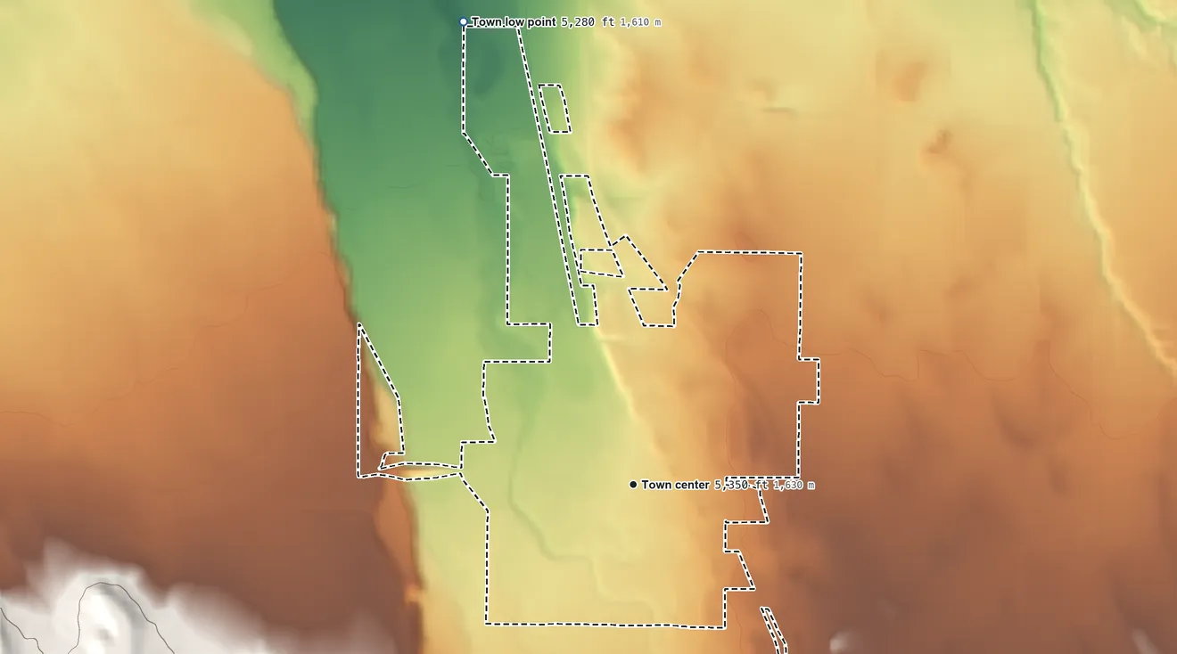 Topographic elevation map of Olathe, Colorado, shaded from 5,280 ft on the north side to 5,480 ft on the southeast side