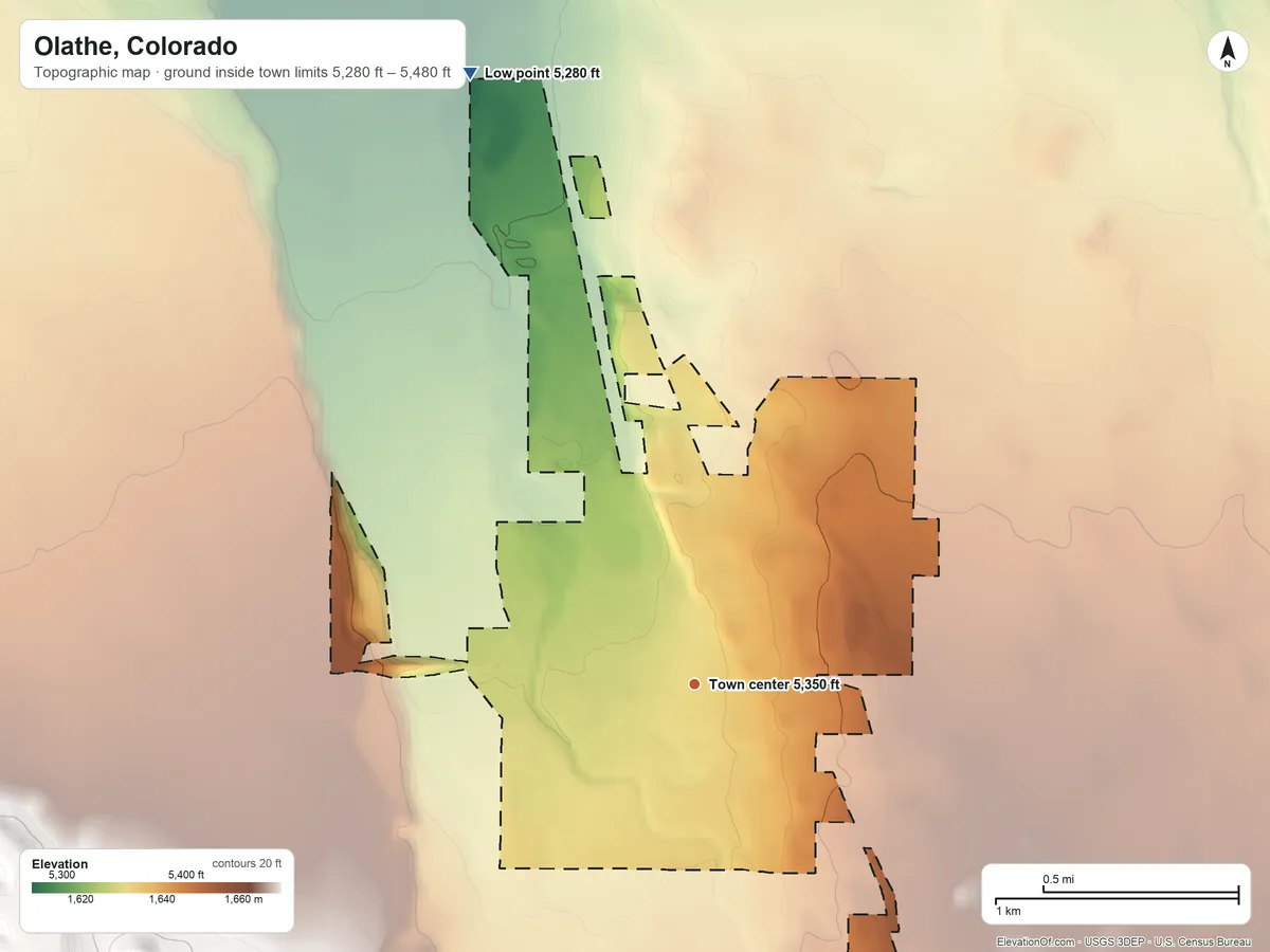 Topographic elevation map of Olathe, Colorado, shaded from 5,280 ft on the north side to 5,480 ft on the southeast side