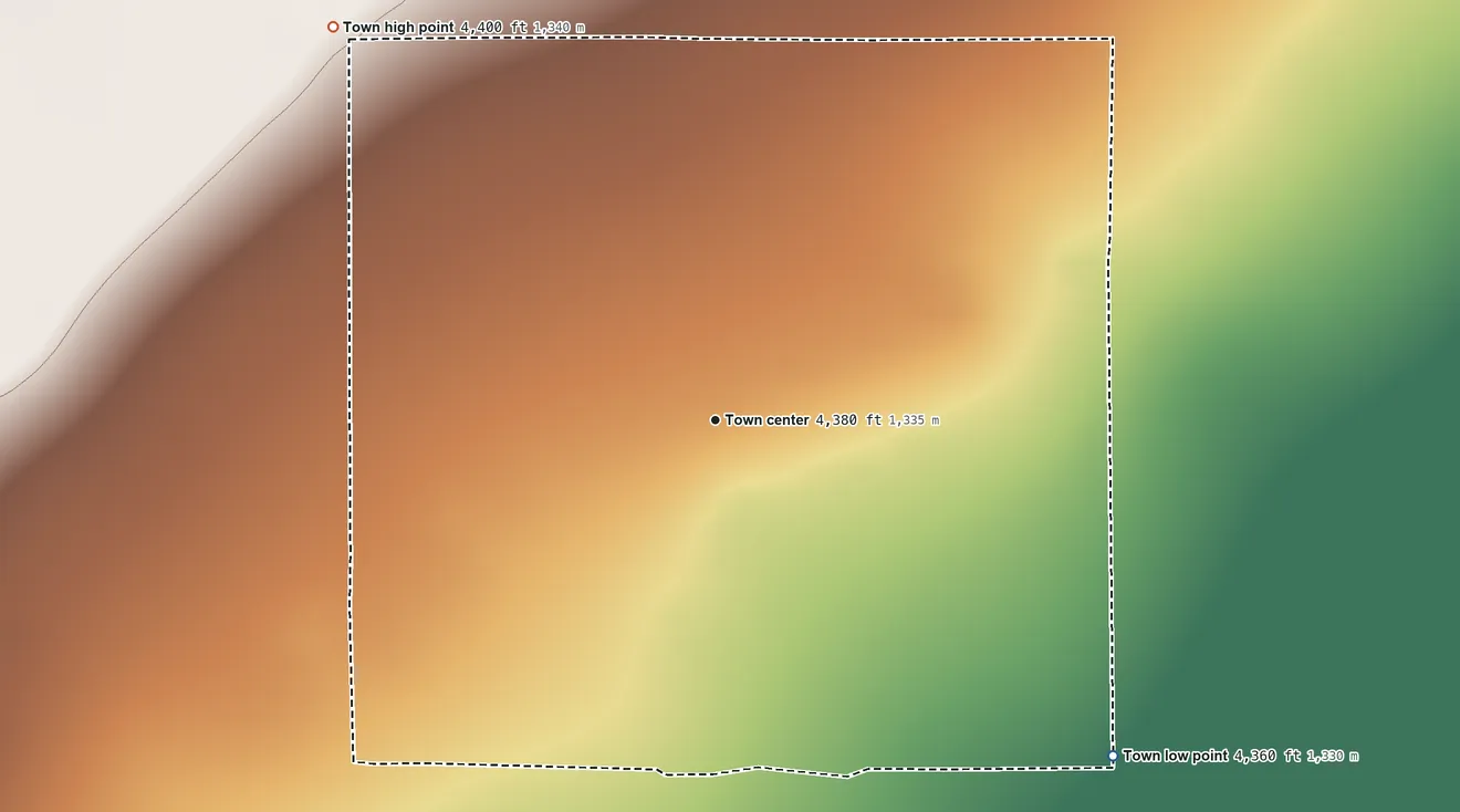 Topographic elevation map of Olney Springs, Colorado, shaded from 4,360 ft on the southeast side to 4,400 ft on the northwest side