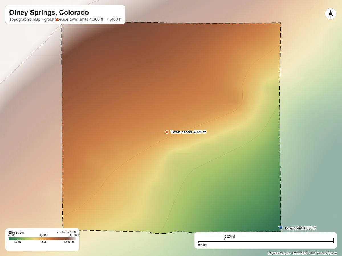 Topographic elevation map of Olney Springs, Colorado, shaded from 4,360 ft on the southeast side to 4,400 ft on the northwest side