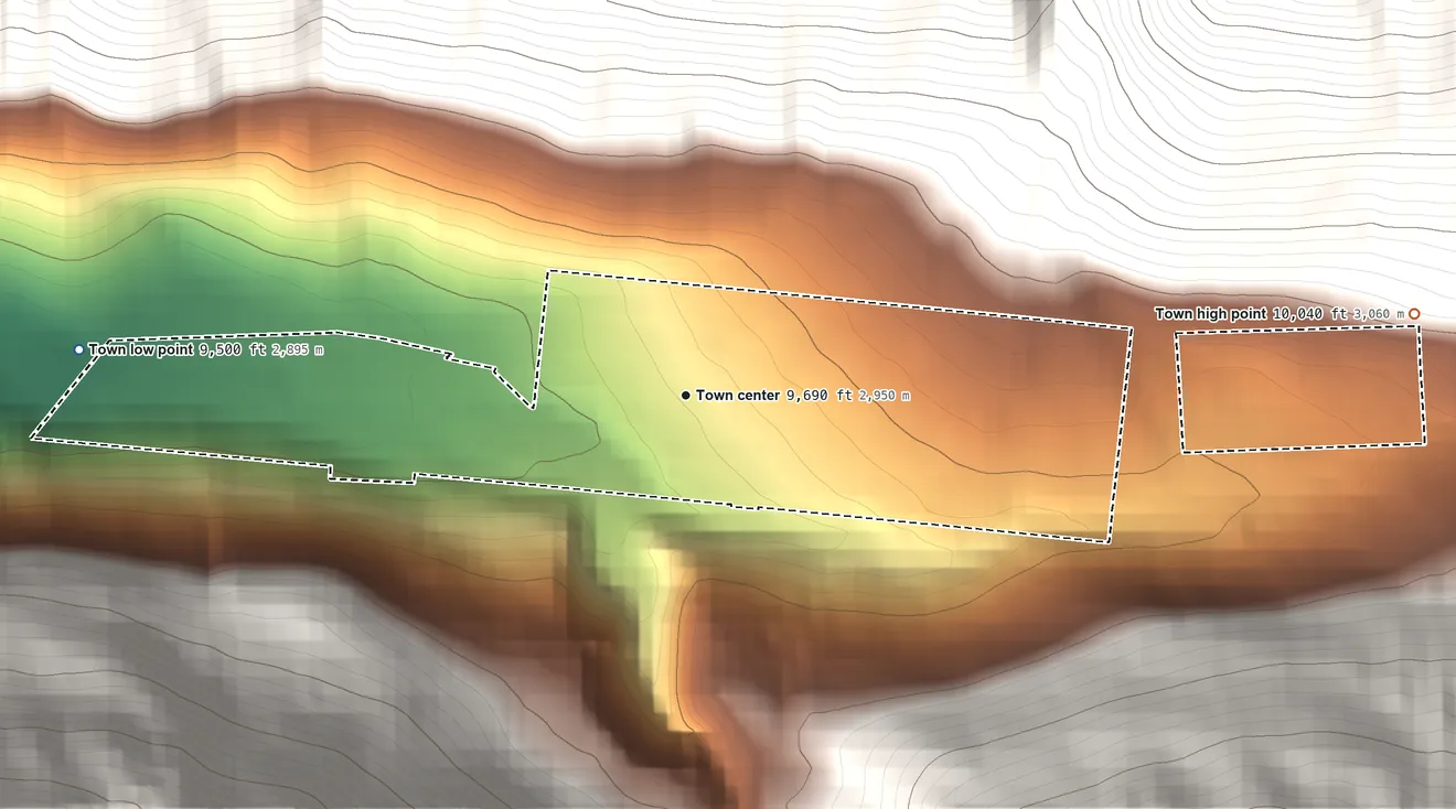 Topographic elevation map of Ophir, Colorado, shaded from 9,500 ft on the west side to 10,040 ft at the foot of the San Miguel Mountains