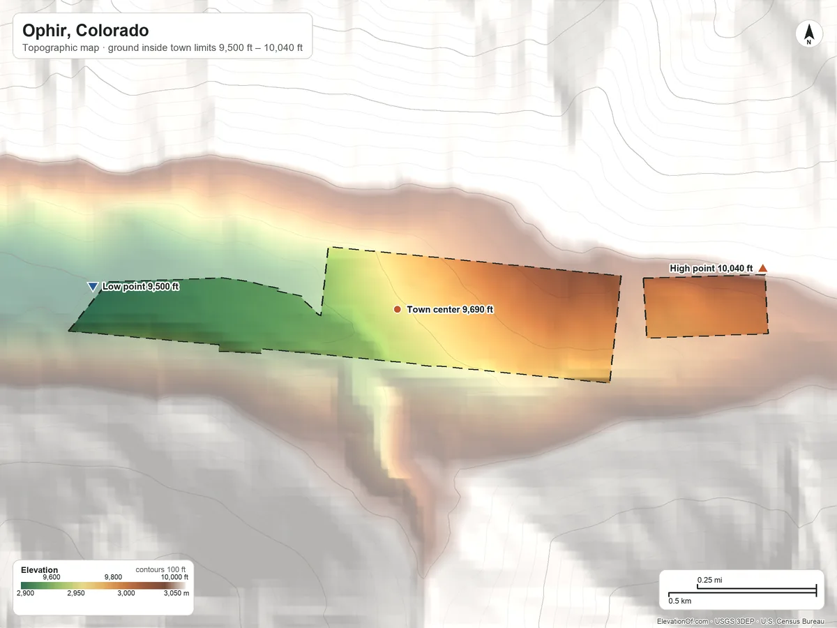 Topographic elevation map of Ophir, Colorado, shaded from 9,500 ft on the west side to 10,040 ft at the foot of the San Miguel Mountains