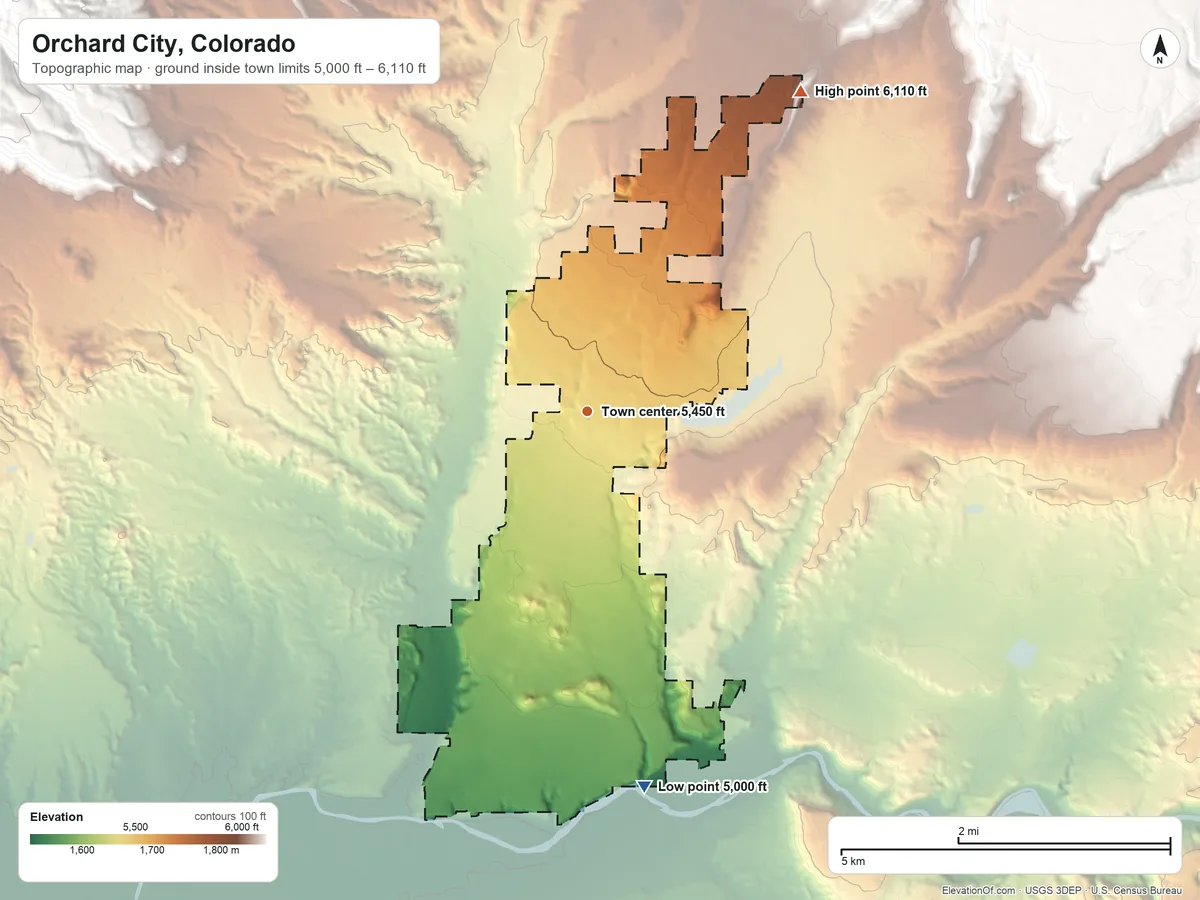 Topographic elevation map of Orchard City, Colorado, shaded from 5,000 ft on the south side to 6,110 ft on the northeast side