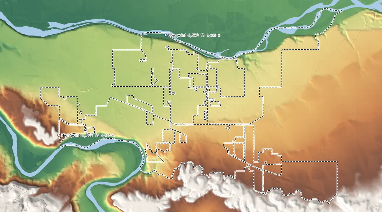 Topographic elevation map of Orchard Mesa, Colorado, shaded from 4,570 ft on the north side to 4,860 ft at the foot of the The Redlands