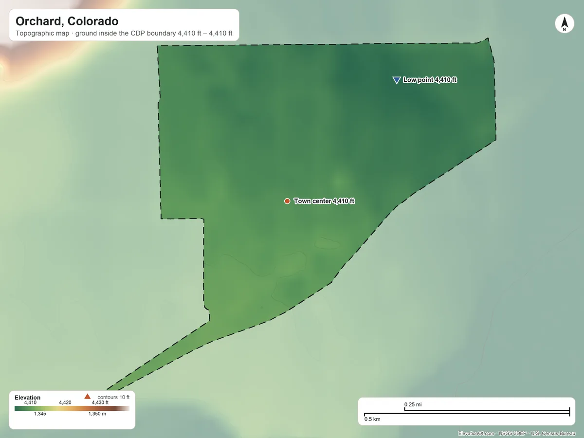 Topographic elevation map of Orchard, Colorado, shaded from 4,410 ft on the northeast side to 4,410 ft on the southwest side