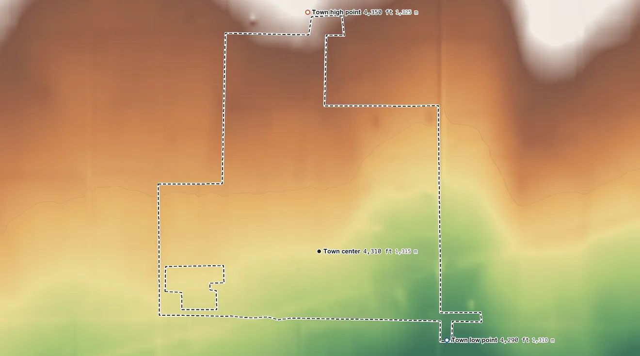Topographic elevation map of Ordway, Colorado, shaded from 4,290 ft on the southeast side to 4,350 ft on the north side