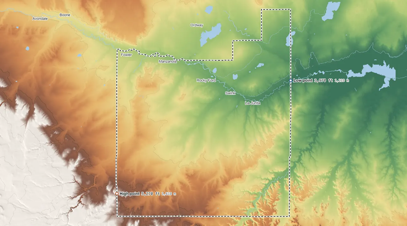 Topographic elevation map of Otero County, Colorado, shaded from 3,970 ft on the east side to 5,270 ft on the southwest side