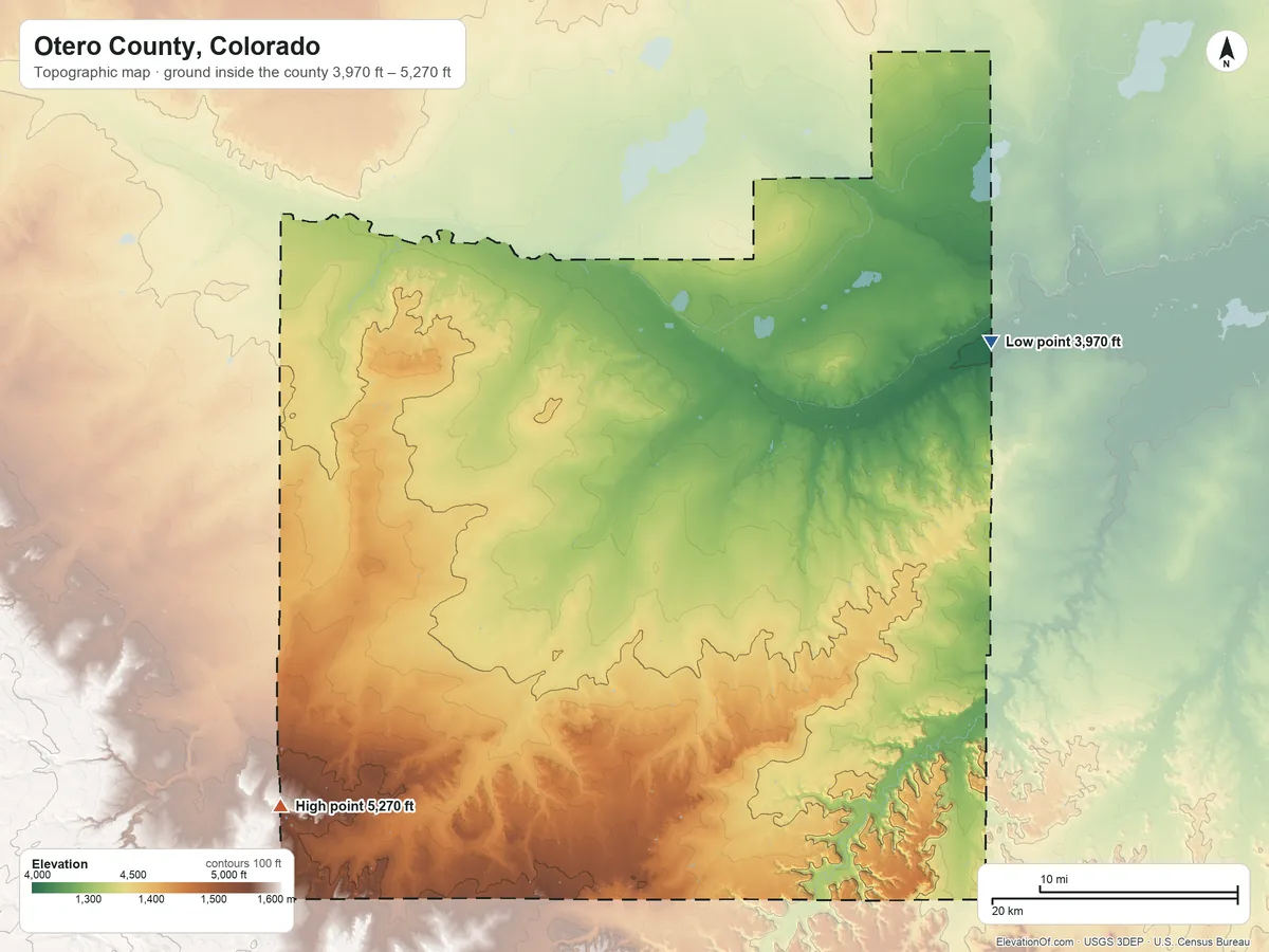 Topographic elevation map of Otero County, Colorado, shaded from 3,970 ft on the east side to 5,270 ft on the southwest side