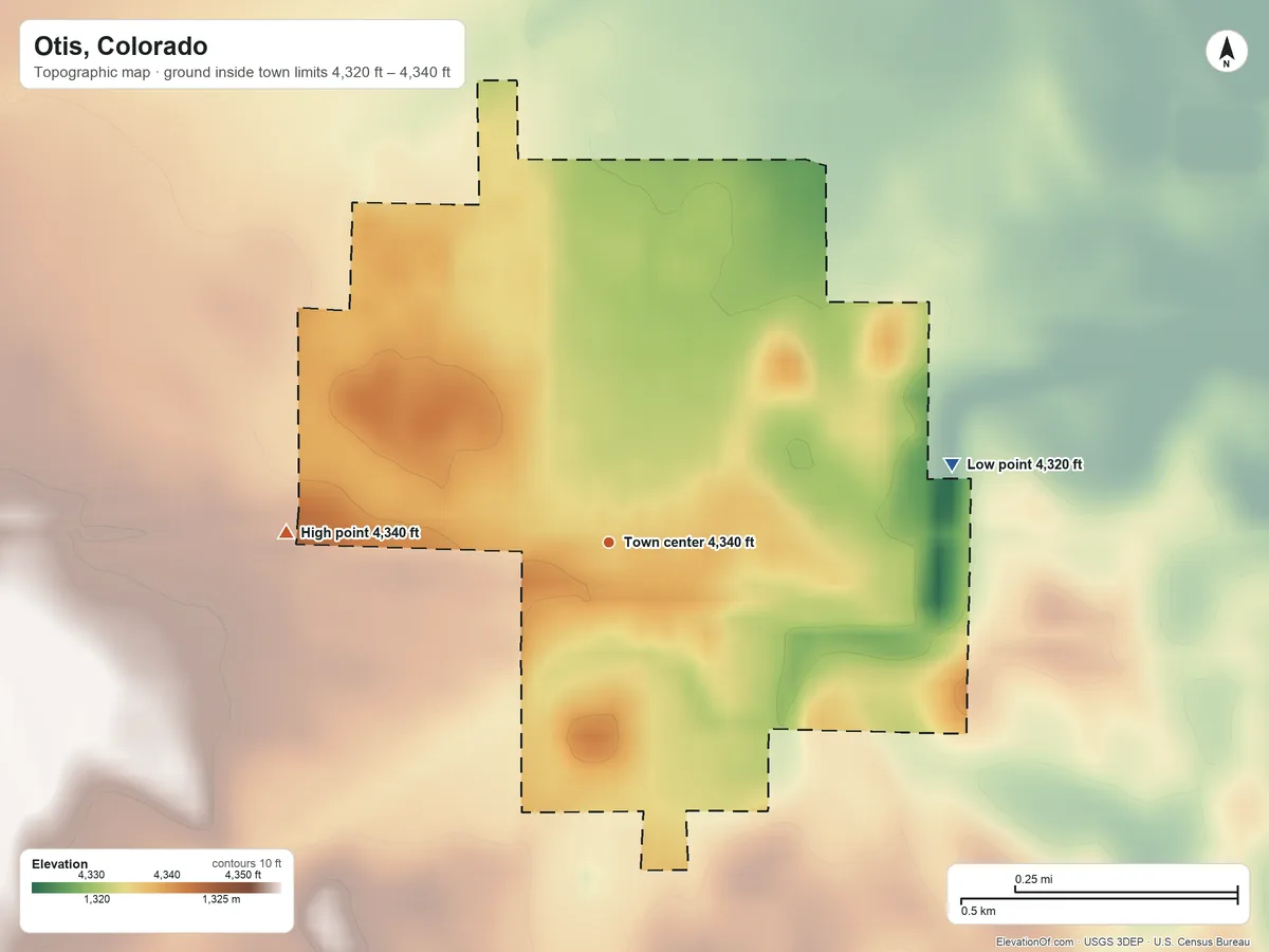 Topographic elevation map of Otis, Colorado, shaded from 4,320 ft on the east side to 4,340 ft on the west side