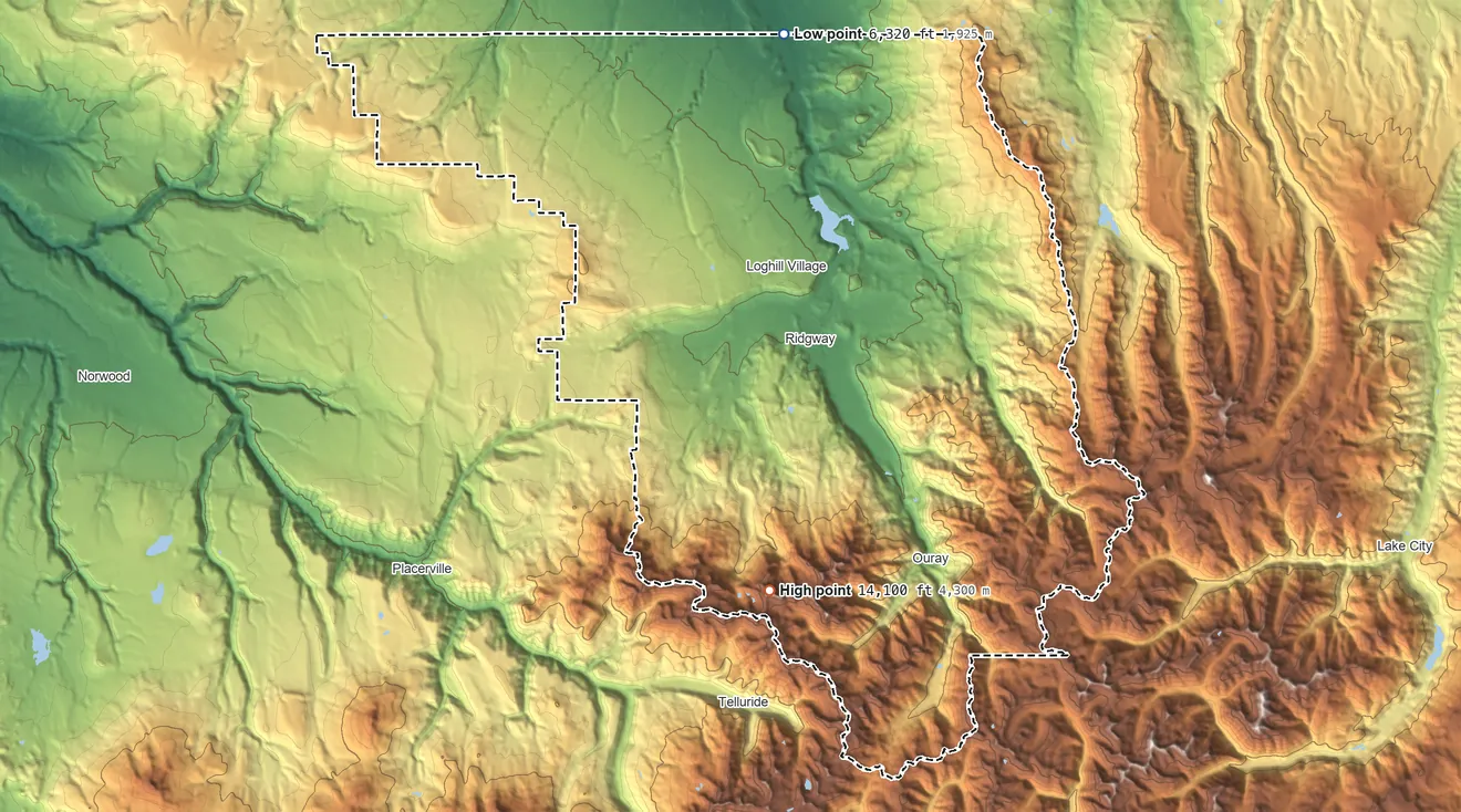 Topographic elevation map of Ouray County, Colorado, shaded from 6,320 ft on the north side to 14,100 ft on Mount Sneffels
